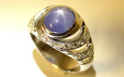 Réalisation d’une bague en blanc, diamants et saphir étoilé.  Selon la technique de la cire perdue.